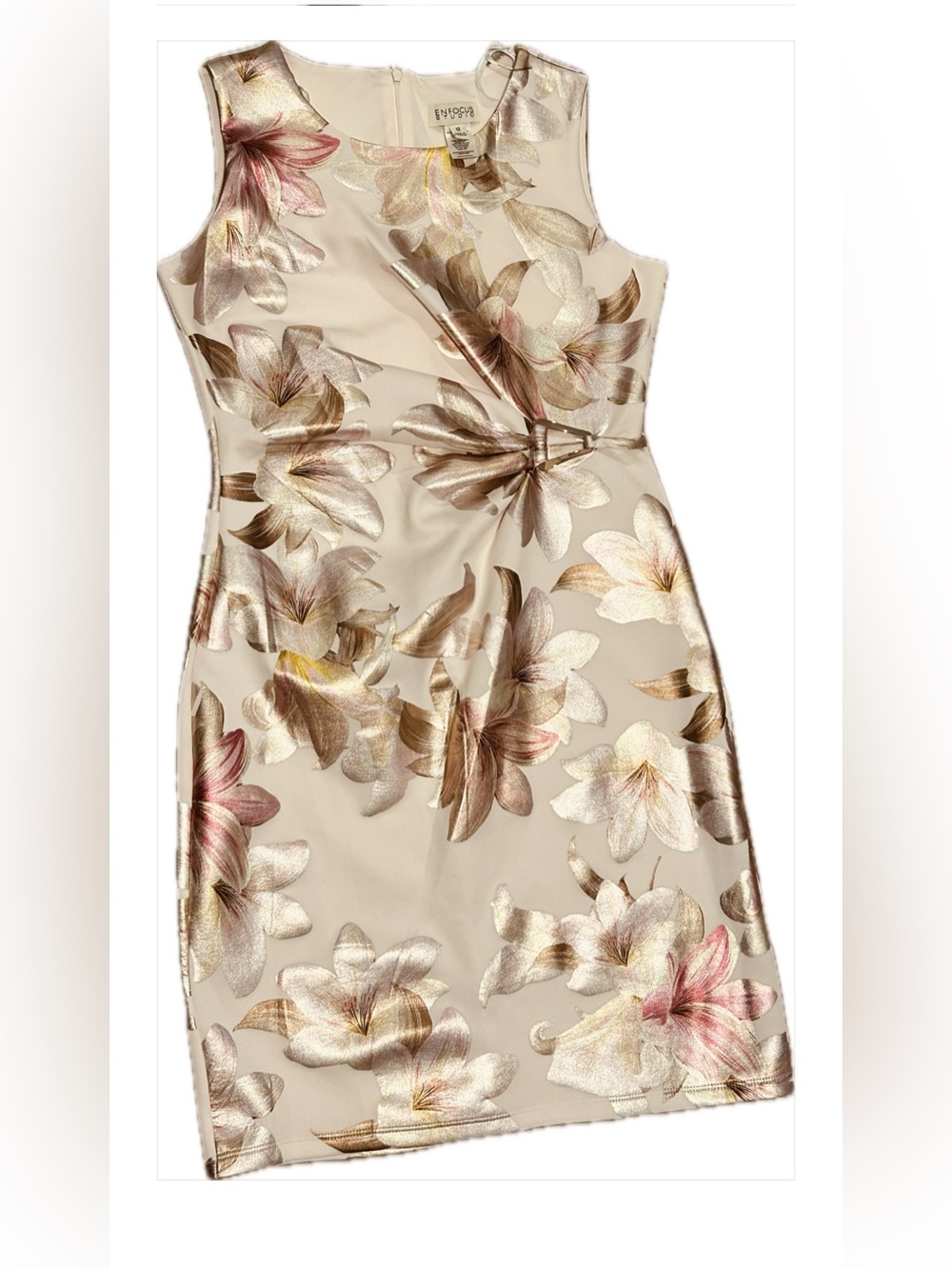 Enfocus Studio Champagne Floral Sheath Dress with Metallic Accents